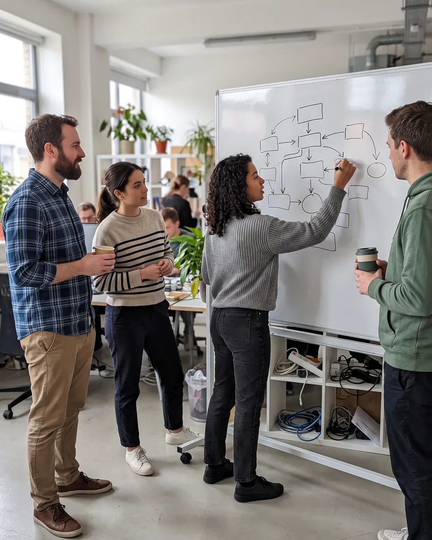 A team standup, one person sketching a flowchart on a whiteboard